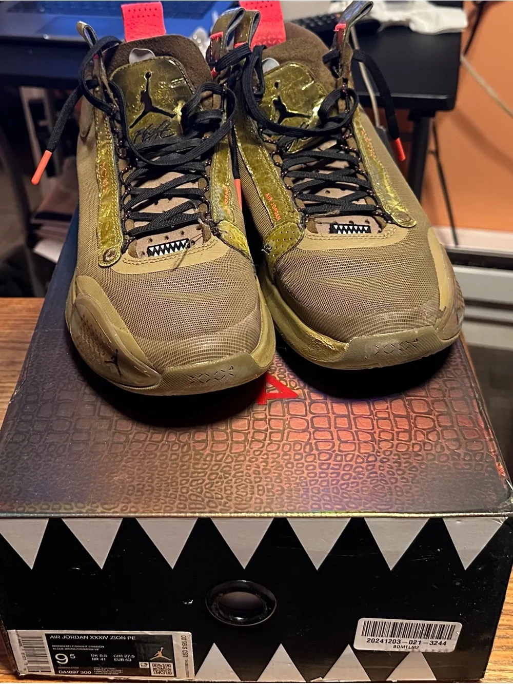 Jordan Men's Olive Green Athletic Sneakers with Orange Accents
